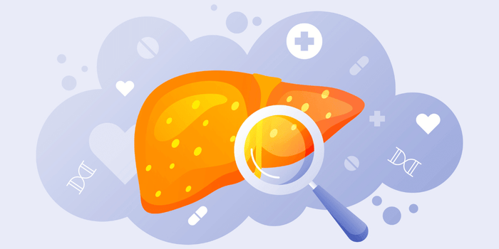 Illustration of liver with health icons on a blue background
