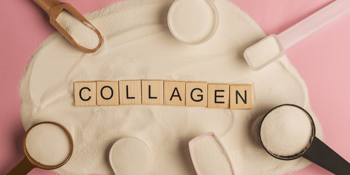 collagen powder with the word collagen spelled out in tiles