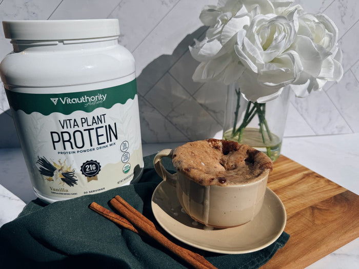 Mug cake with cinnamon and Vitauthority Protein Powder container