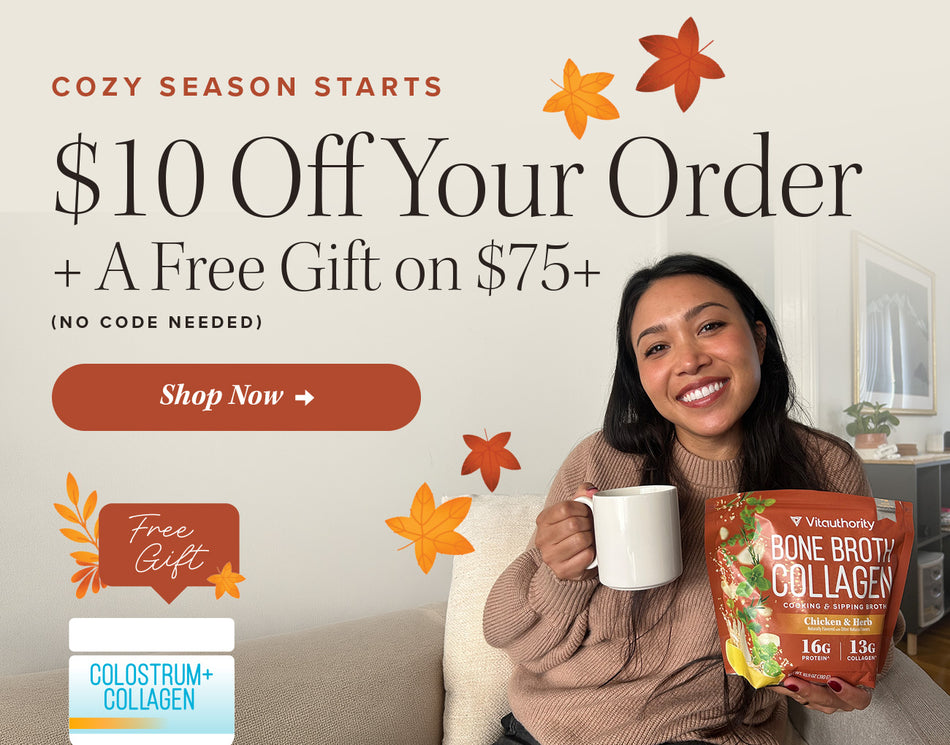 Promotional banner with woman holding Vitauthority Bone Broth Collagen chicken and herb flavor with promo copy saying $10 off your order $50 or more. Plus, free gift with any orders $75+